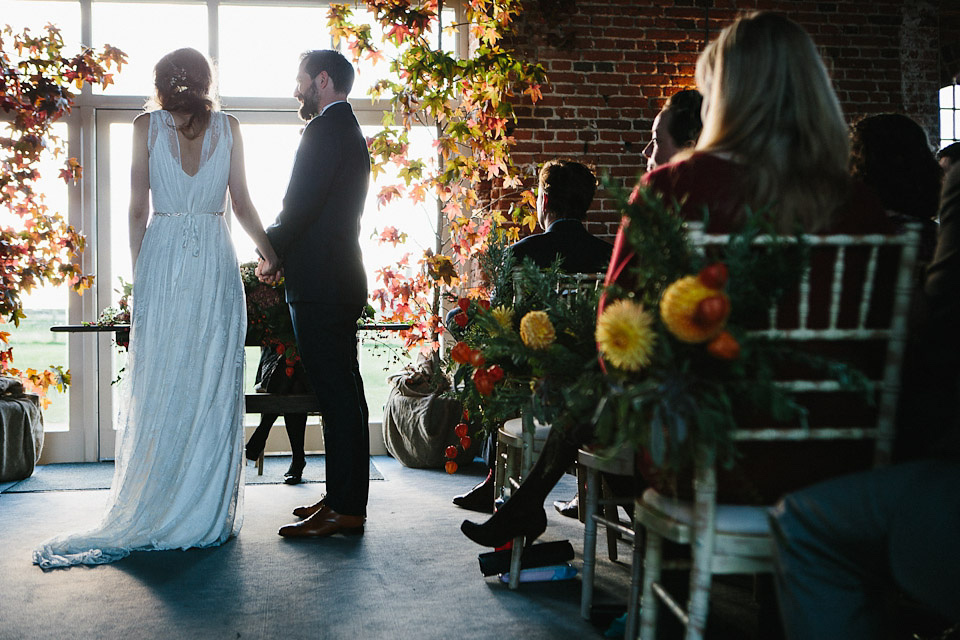 charlie brear wedding dress, godwick  hall norfolk, peach and jo photography, autumn weddings