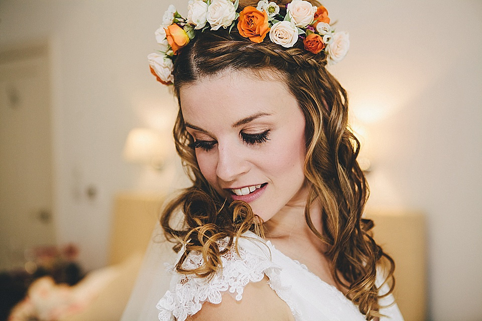 orange floral crown, brinkburn priory wedding