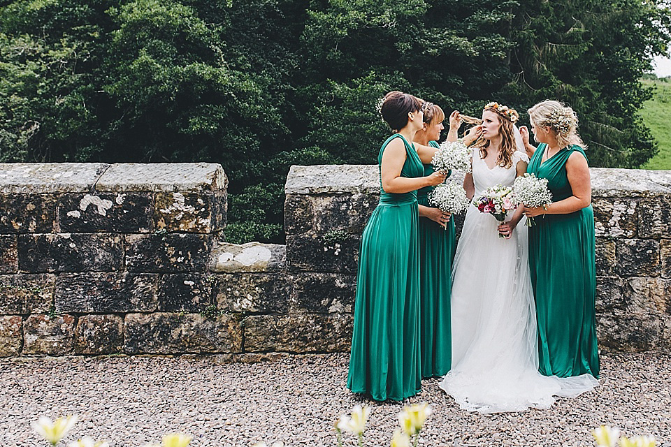 orange floral crown, brinkburn priory wedding