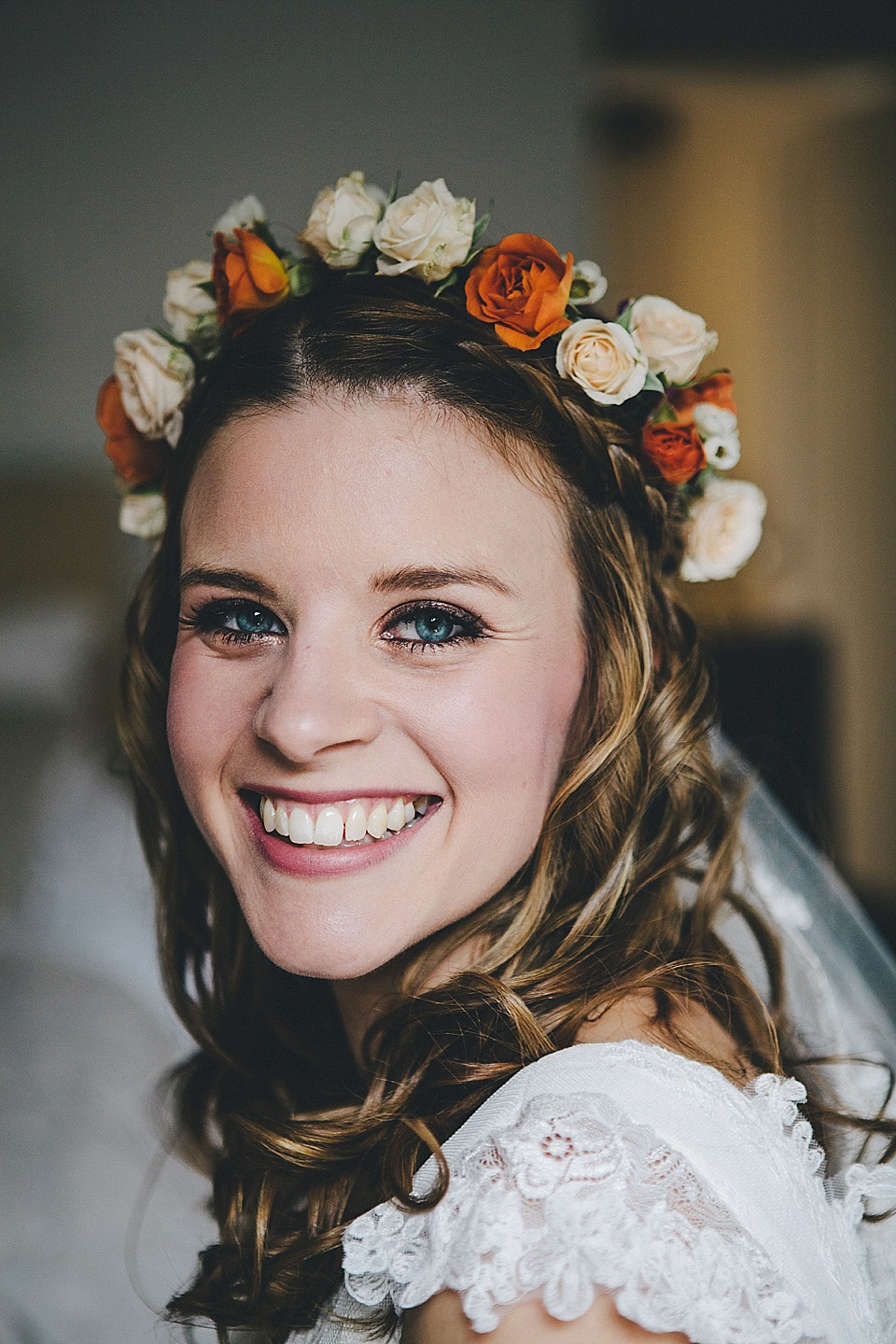 orange floral crown, brinkburn priory wedding