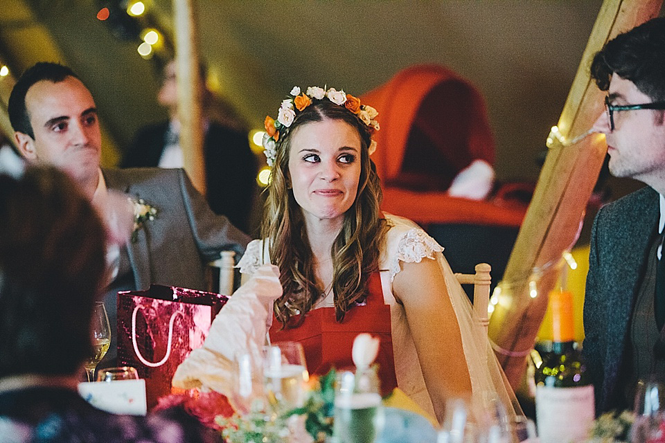 orange floral crown, brinkburn priory wedding