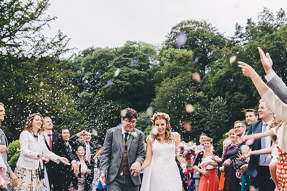 orange floral crown, brinkburn priory wedding