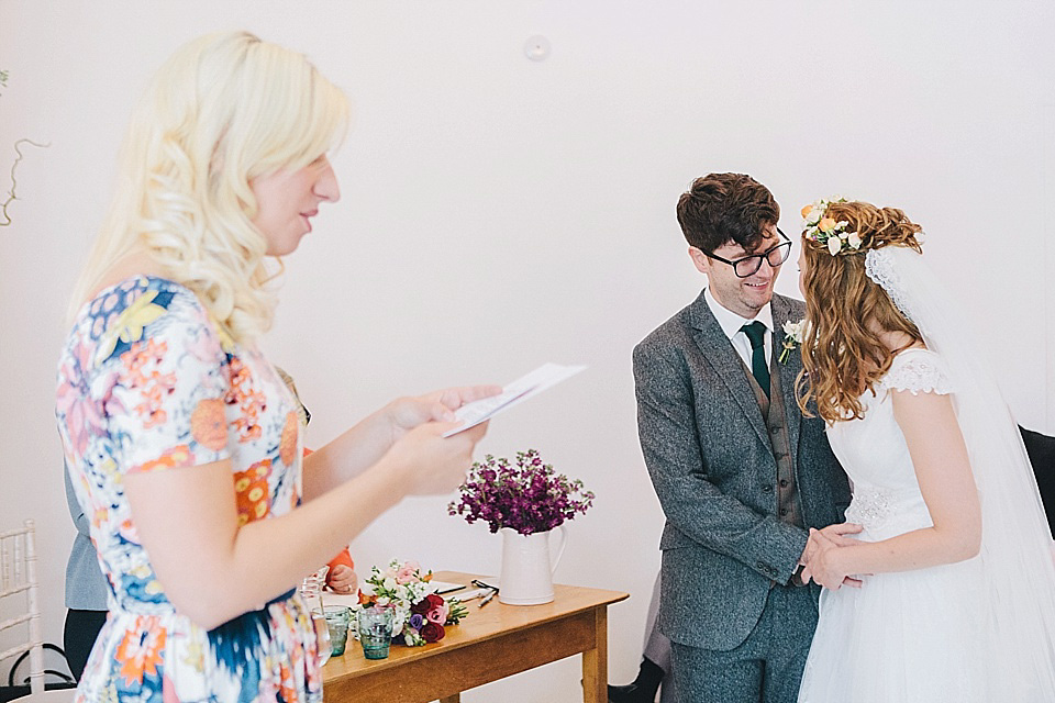 orange floral crown, brinkburn priory wedding