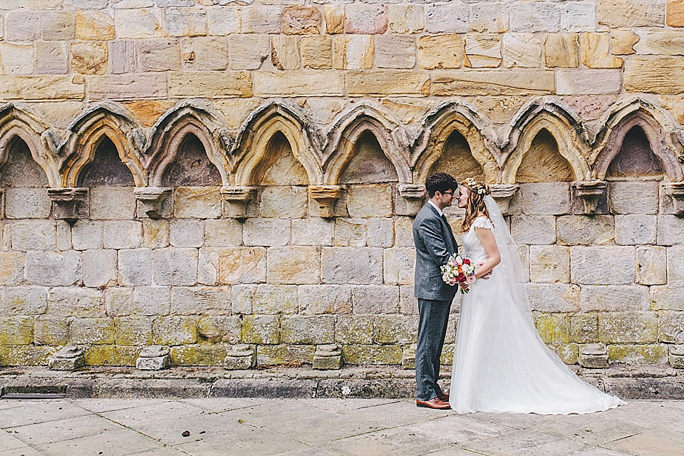 orange floral crown, brinkburn priory wedding