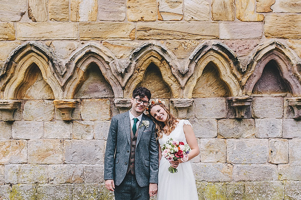 orange floral crown, brinkburn priory wedding