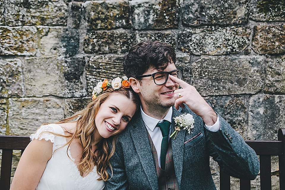 orange floral crown, brinkburn priory wedding