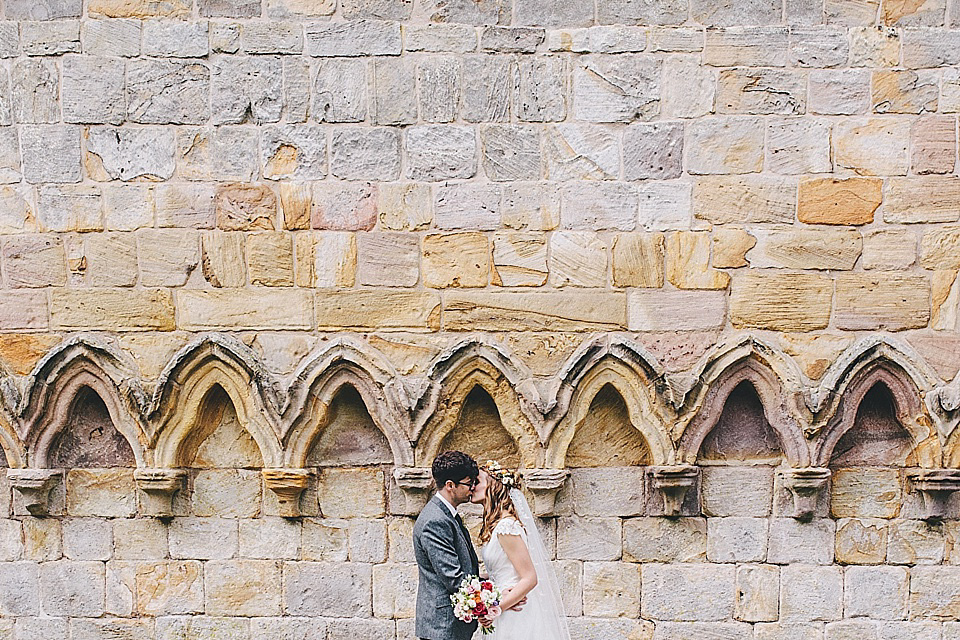 orange floral crown, brinkburn priory wedding