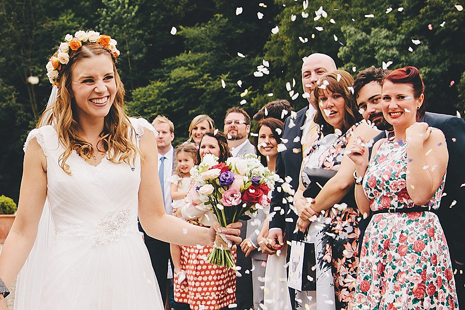 orange floral crown, brinkburn priory wedding