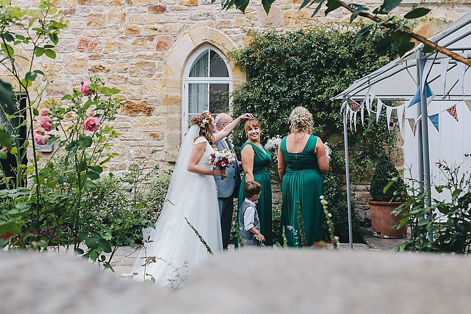 orange floral crown, brinkburn priory wedding