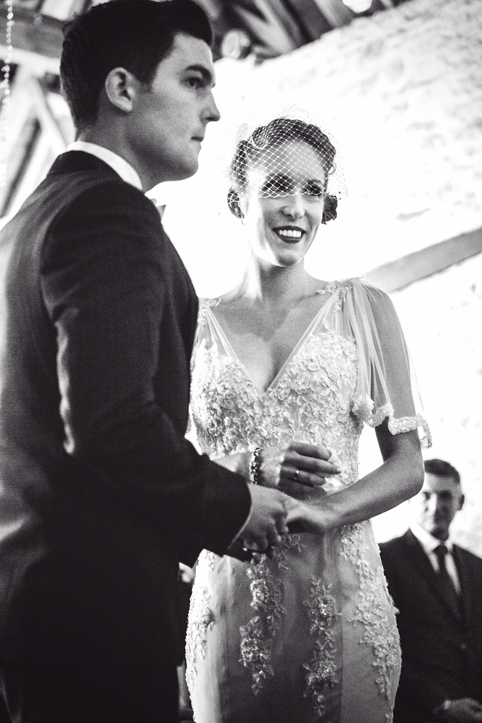 A bride wearing two dresses (including a Tadashi Shoji evening gown) for her glamorous, Gatsby inspired barn wedding. Photography by Mister Phill. mister phill photography, gastsby wedding, rustic barn wedding, tadashi shoji wedding dress