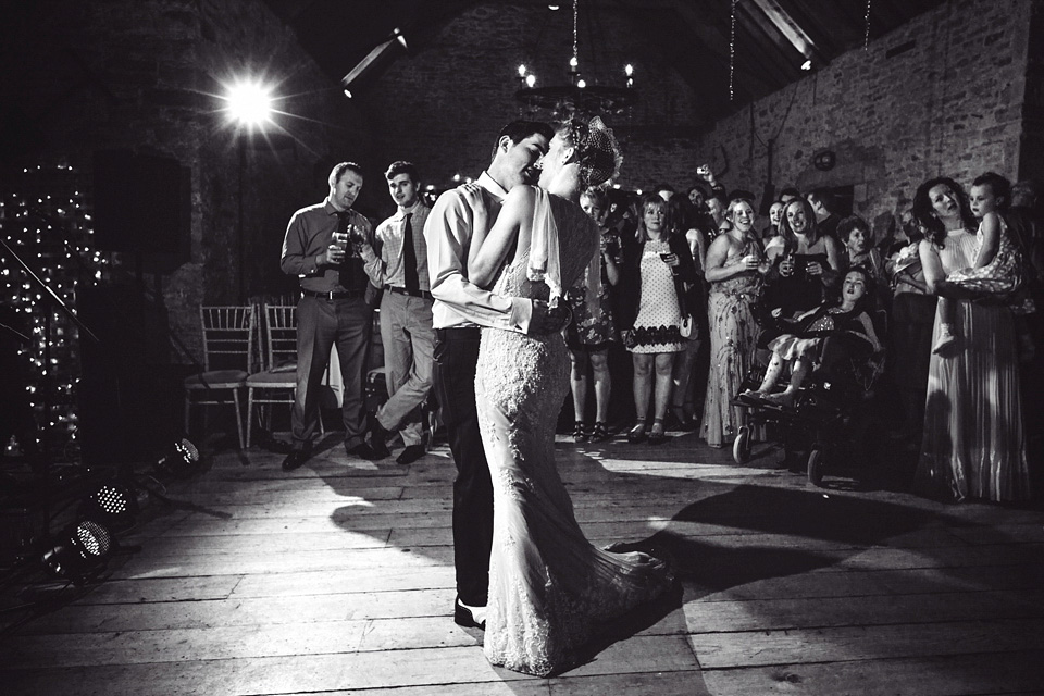 A bride wearing two dresses (including a Tadashi Shoji evening gown) for her glamorous, Gatsby inspired barn wedding. Photography by Mister Phill. mister phill photography, gastsby wedding, rustic barn wedding, tadashi shoji wedding dress