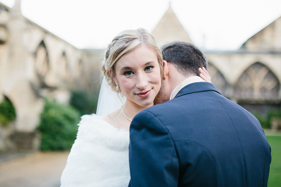 A bride wearing Alan Hannah for her Glouceste Cathedral winter wedding. Photography by Ruth Atkinson. alan hannah wedding dress, gloucester cathedral wedding, ruth atkinson photogarphy, winter wedding