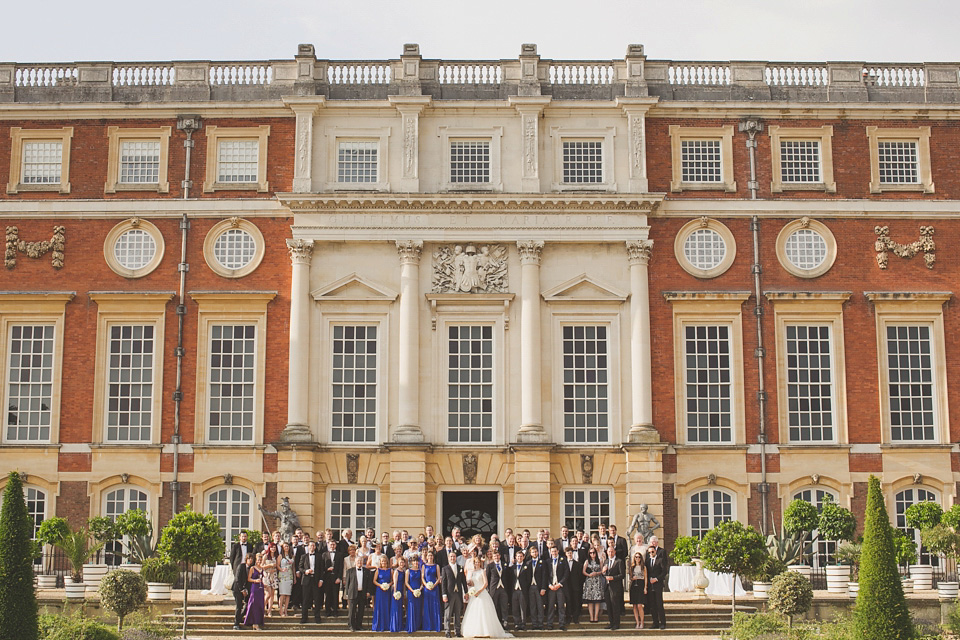 hampton court palace wedding, justin alexander wedding dress, cobalt blue bridesmaid dresses, regal wedding