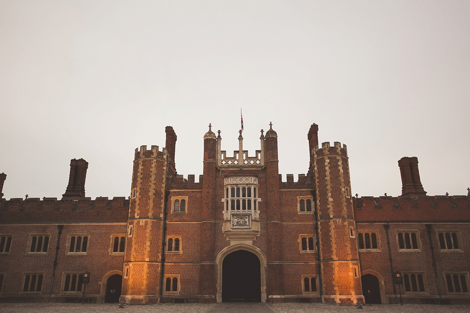 A regally elegant Hampton Court Palace wedding, with a bride wearing Justin Alexander and her bridesmaids in cobalt blue Ghost dresses. Photography by Nick Rose. hampton court palace wedding, justin alexander wedding dress, cobalt blue bridesmaid dresses, regal wedding