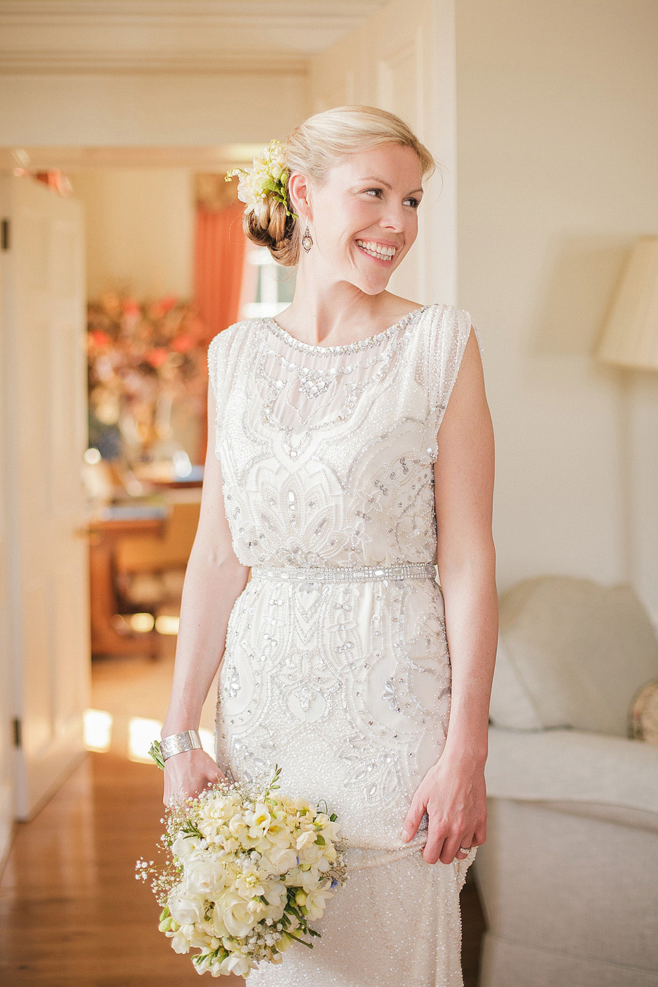 sarah gawler photography, pentillie castle weddings, spring weddings, esme jenny packham, bridesmaids in white