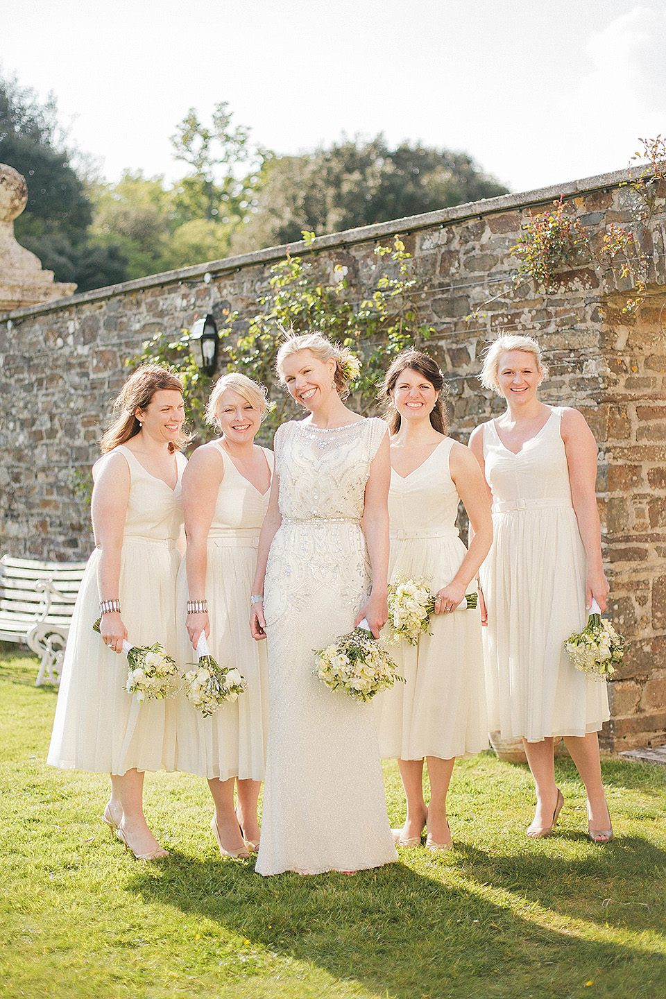 sarah gawler photography, pentillie castle weddings, spring weddings, esme jenny packham, bridesmaids in white