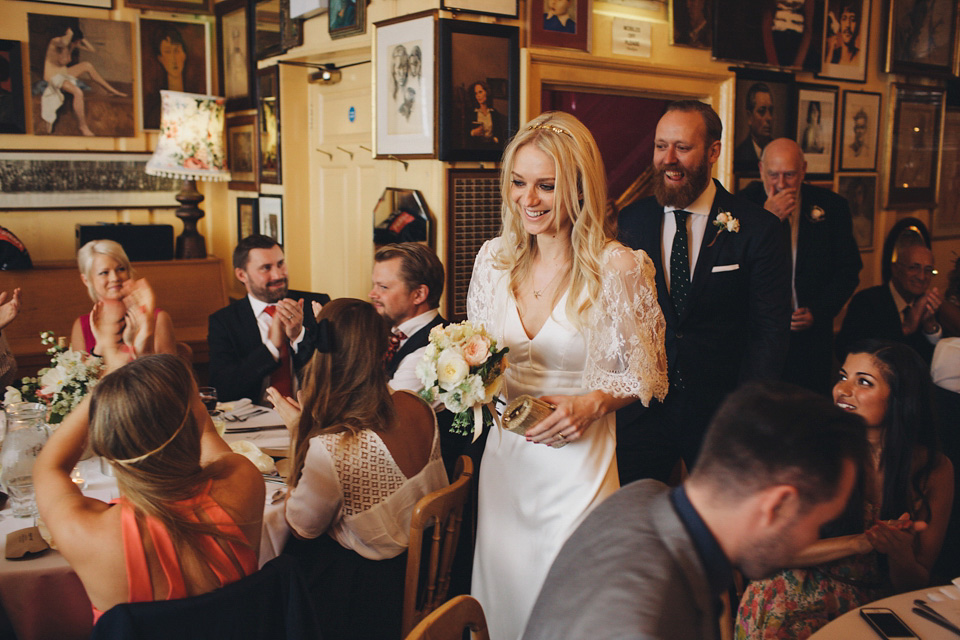 slipper satin, charlie brear, london pub wedding, LM Weddings Photography