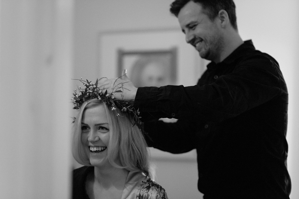A wedding at Crear on the West Coast of Scotland, featuring moss and antlers and a Midsummer Nights Dream style bride in her Rowanjoy dress and floral circlet by Myrtle & Bracken Florists. Images by Kitchener Photography. crear, scotland, kitchener photography, worldly nomad fimls, myrtle and bracken, midsummer nights dream