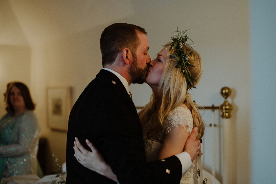 A wedding at Crear on the West Coast of Scotland, featuring moss and antlers and a Midsummer Nights Dream style bride in her Rowanjoy dress and floral circlet by Myrtle & Bracken Florists. Images by Kitchener Photography. crear, scotland, kitchener photography, worldly nomad fimls, myrtle and bracken, midsummer nights dream