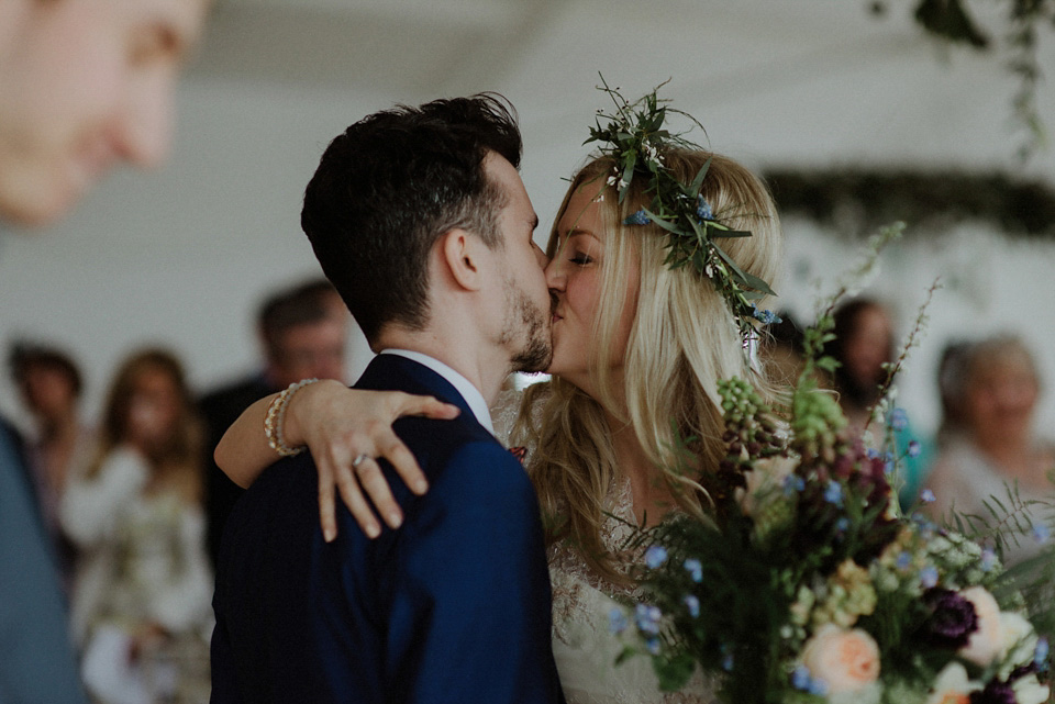 A wedding at Crear on the West Coast of Scotland, featuring moss and antlers and a Midsummer Nights Dream style bride in her Rowanjoy dress and floral circlet by Myrtle & Bracken Florists. Images by Kitchener Photography. crear, scotland, kitchener photography, worldly nomad fimls, myrtle and bracken, midsummer nights dream