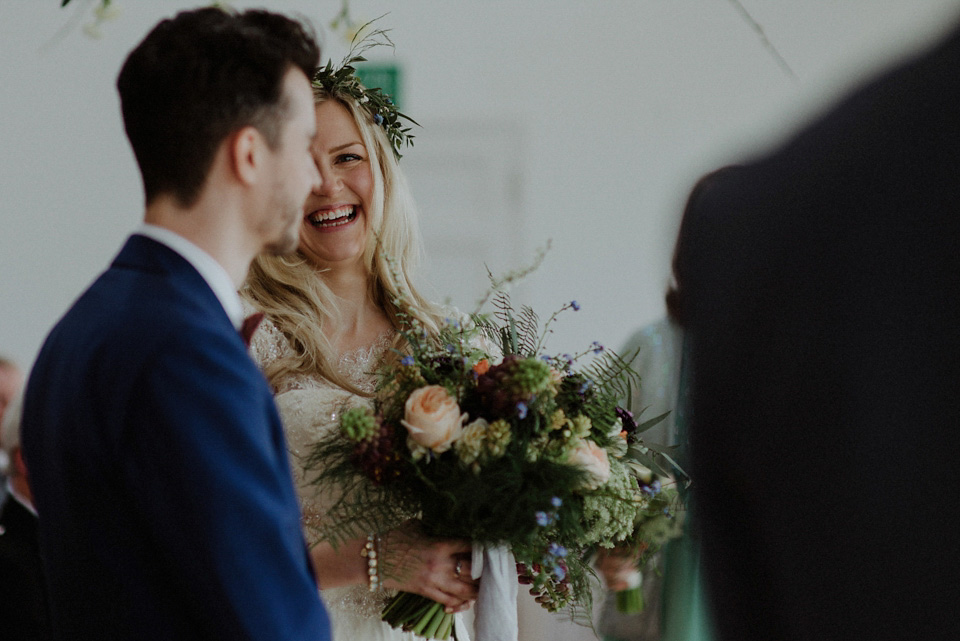 A wedding at Crear on the West Coast of Scotland, featuring moss and antlers and a Midsummer Nights Dream style bride in her Rowanjoy dress and floral circlet by Myrtle & Bracken Florists. Images by Kitchener Photography. crear, scotland, kitchener photography, worldly nomad fimls, myrtle and bracken, midsummer nights dream