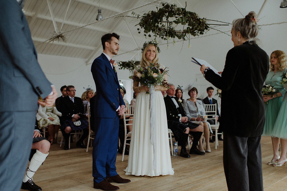 A wedding at Crear on the West Coast of Scotland, featuring moss and antlers and a Midsummer Nights Dream style bride in her Rowanjoy dress and floral circlet by Myrtle & Bracken Florists. Images by Kitchener Photography. crear, scotland, kitchener photography, worldly nomad fimls, myrtle and bracken, midsummer nights dream