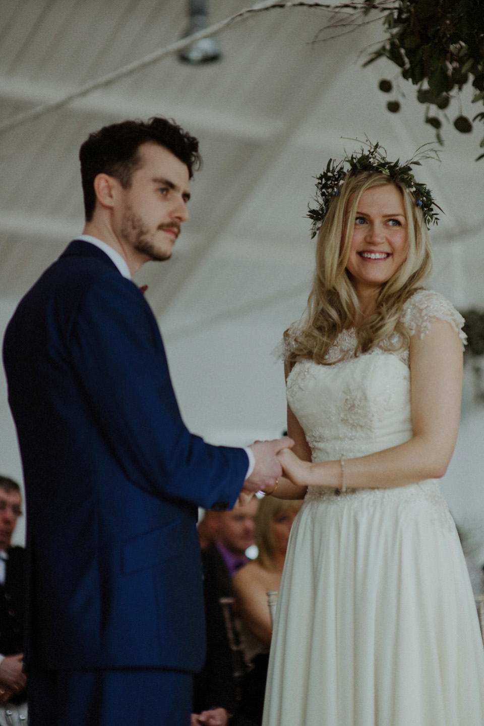 A wedding at Crear on the West Coast of Scotland, featuring moss and antlers and a Midsummer Nights Dream style bride in her Rowanjoy dress and floral circlet by Myrtle & Bracken Florists. Images by Kitchener Photography. crear, scotland, kitchener photography, worldly nomad fimls, myrtle and bracken, midsummer nights dream