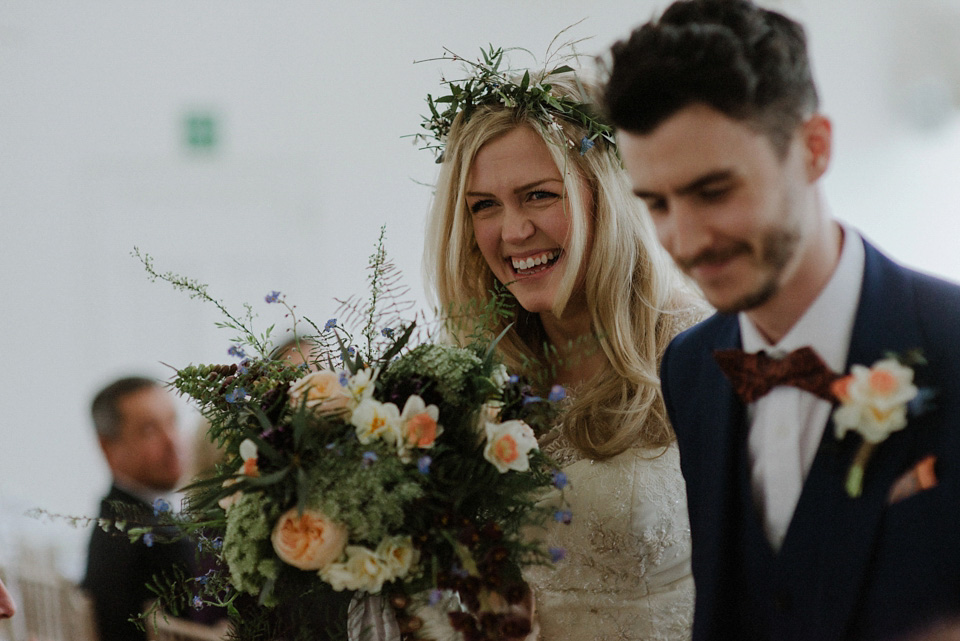 A wedding at Crear on the West Coast of Scotland, featuring moss and antlers and a Midsummer Nights Dream style bride in her Rowanjoy dress and floral circlet by Myrtle & Bracken Florists. Images by Kitchener Photography. crear, scotland, kitchener photography, worldly nomad fimls, myrtle and bracken, midsummer nights dream