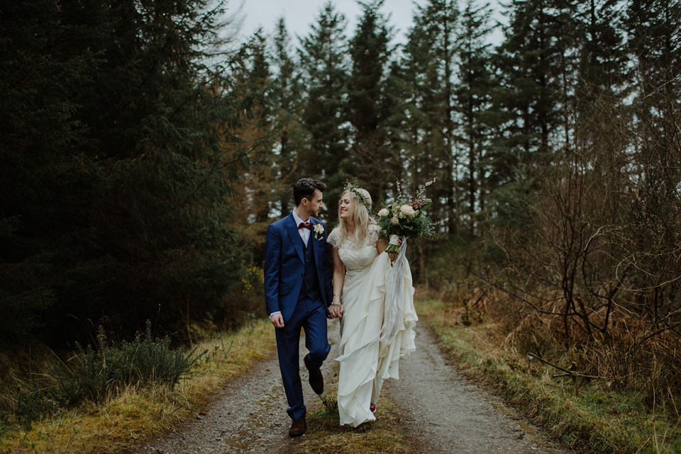 A wedding at Crear on the West Coast of Scotland, featuring moss and antlers and a Midsummer Nights Dream style bride in her Rowanjoy dress and floral circlet by Myrtle & Bracken Florists. Images by Kitchener Photography. crear, scotland, kitchener photography, worldly nomad fimls, myrtle and bracken, midsummer nights dream