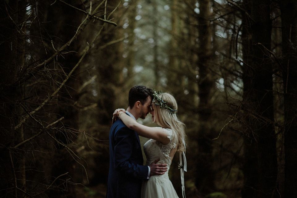A wedding at Crear on the West Coast of Scotland, featuring moss and antlers and a Midsummer Nights Dream style bride in her Rowanjoy dress and floral circlet by Myrtle & Bracken Florists. Images by Kitchener Photography. crear, scotland, kitchener photography, worldly nomad fimls, myrtle and bracken, midsummer nights dream