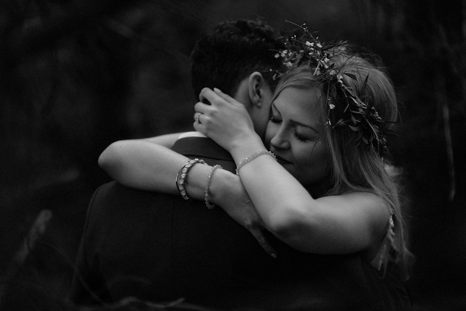 A wedding at Crear on the West Coast of Scotland, featuring moss and antlers and a Midsummer Nights Dream style bride in her Rowanjoy dress and floral circlet by Myrtle & Bracken Florists. Images by Kitchener Photography. crear, scotland, kitchener photography, worldly nomad fimls, myrtle and bracken, midsummer nights dream