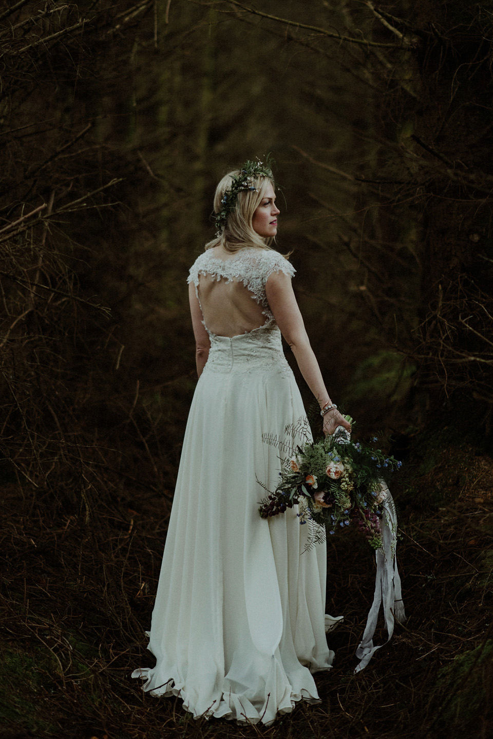 A wedding at Crear on the West Coast of Scotland, featuring moss and antlers and a Midsummer Nights Dream style bride in her Rowanjoy dress and floral circlet by Myrtle & Bracken Florists. Images by Kitchener Photography. crear, scotland, kitchener photography, worldly nomad fimls, myrtle and bracken, midsummer nights dream