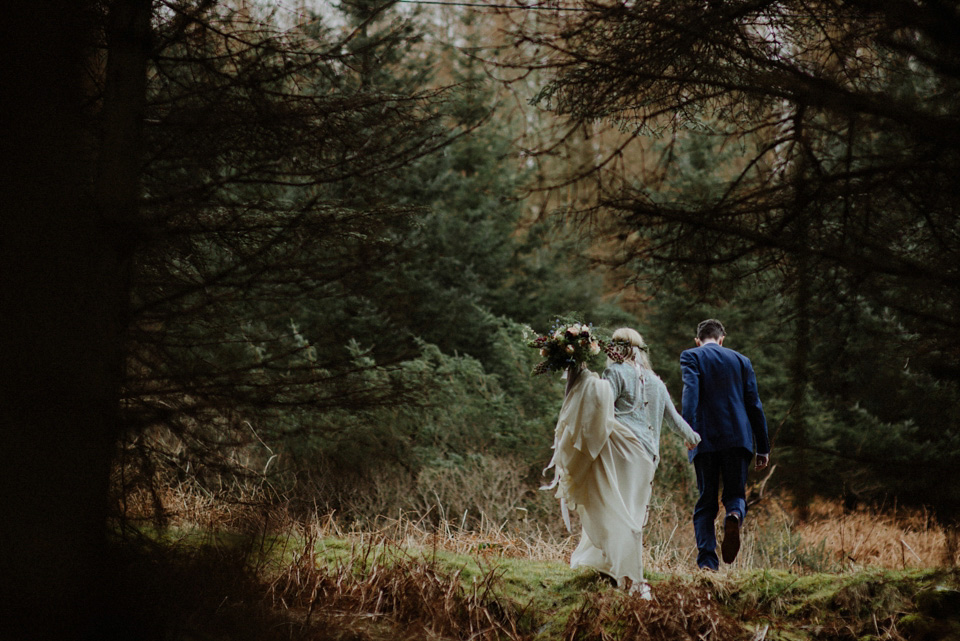 A wedding at Crear on the West Coast of Scotland, featuring moss and antlers and a Midsummer Nights Dream style bride in her Rowanjoy dress and floral circlet by Myrtle & Bracken Florists. Images by Kitchener Photography. crear, scotland, kitchener photography, worldly nomad fimls, myrtle and bracken, midsummer nights dream