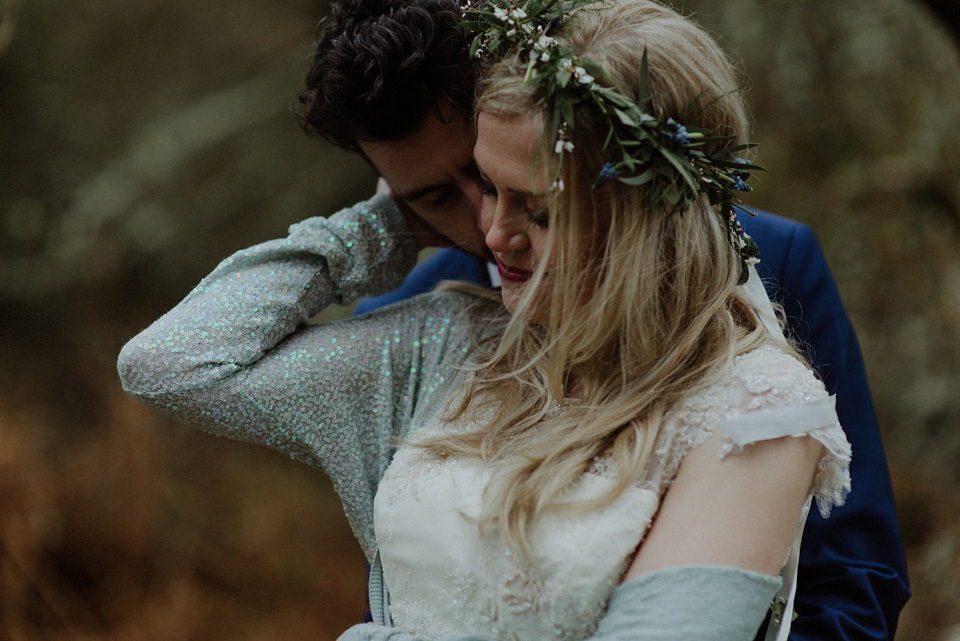 A wedding at Crear on the West Coast of Scotland, featuring moss and antlers and a Midsummer Nights Dream style bride in her Rowanjoy dress and floral circlet by Myrtle & Bracken Florists. Images by Kitchener Photography. crear, scotland, kitchener photography, worldly nomad fimls, myrtle and bracken, midsummer nights dream