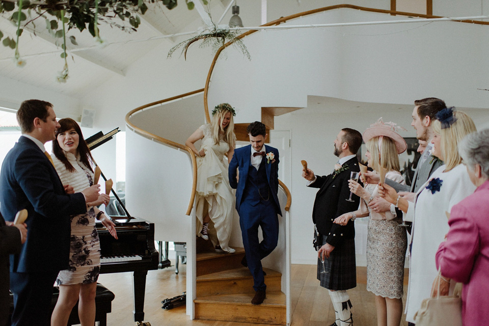A wedding at Crear on the West Coast of Scotland, featuring moss and antlers and a Midsummer Nights Dream style bride in her Rowanjoy dress and floral circlet by Myrtle & Bracken Florists. Images by Kitchener Photography. crear, scotland, kitchener photography, worldly nomad fimls, myrtle and bracken, midsummer nights dream