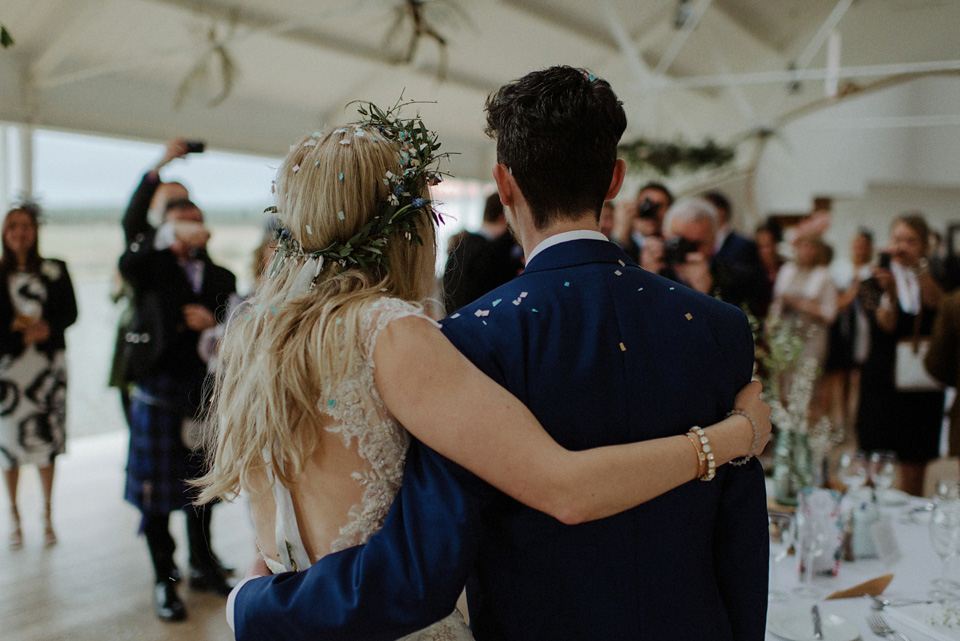 A wedding at Crear on the West Coast of Scotland, featuring moss and antlers and a Midsummer Nights Dream style bride in her Rowanjoy dress and floral circlet by Myrtle & Bracken Florists. Images by Kitchener Photography. crear, scotland, kitchener photography, worldly nomad fimls, myrtle and bracken, midsummer nights dream