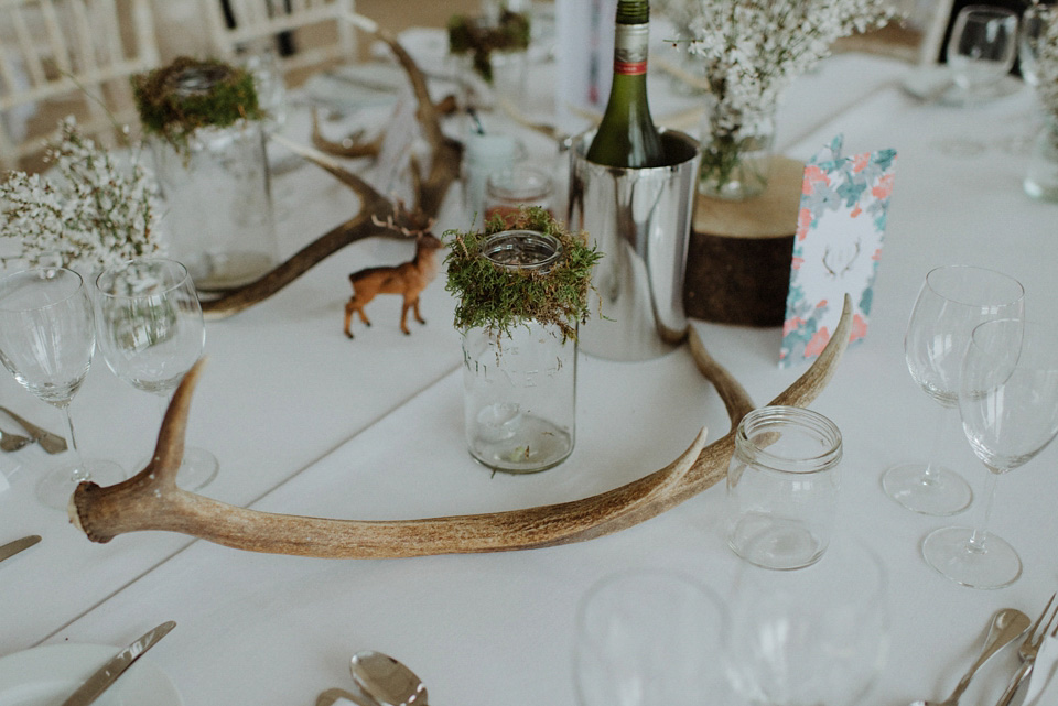 A wedding at Crear on the West Coast of Scotland, featuring moss and antlers and a Midsummer Nights Dream style bride in her Rowanjoy dress and floral circlet by Myrtle & Bracken Florists. Images by Kitchener Photography. crear, scotland, kitchener photography, worldly nomad fimls, myrtle and bracken, midsummer nights dream