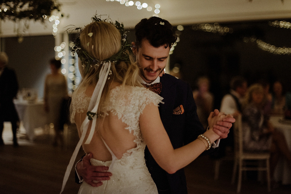 A wedding at Crear on the West Coast of Scotland, featuring moss and antlers and a Midsummer Nights Dream style bride in her Rowanjoy dress and floral circlet by Myrtle & Bracken Florists. Images by Kitchener Photography. crear, scotland, kitchener photography, worldly nomad fimls, myrtle and bracken, midsummer nights dream