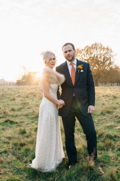A Sarah Seven Sequin Dress for a Glamorous Autumn Wedding at Hampton Court House