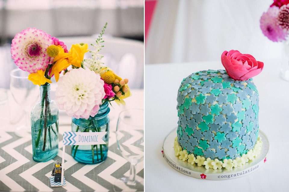 Turquoise wedding cake and glass vases. From a 'Robin Hoods Bay wedding by the sea' on Love My Dress UK wedding blog. Photography by Stephanie Swann wpid360770-Robins-Hood-Bay-wedding-52.jpg