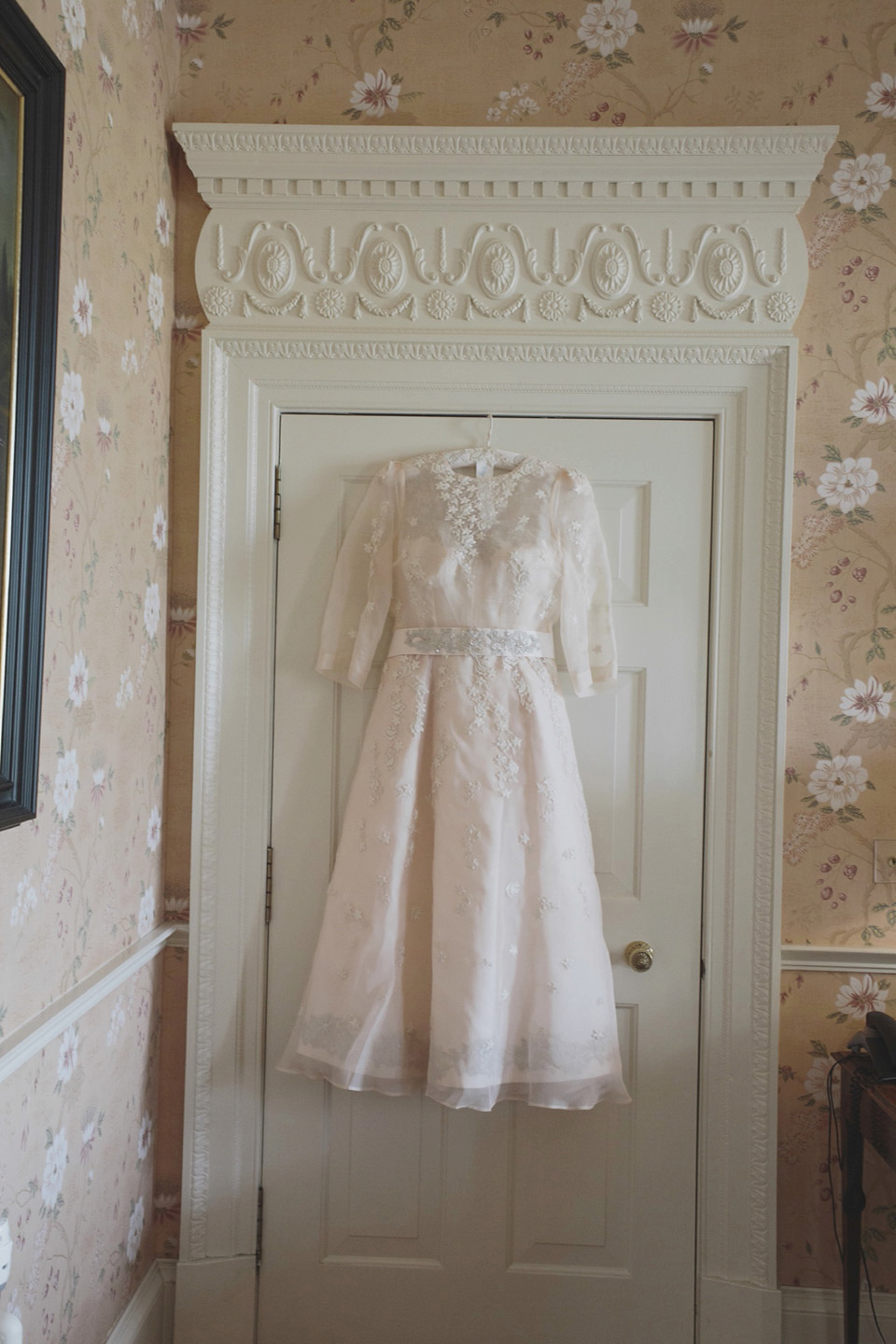 A bride wearing a ballerina length dress and Juliet cap veil for her soft blush pink and liberty print inspired wedding in Scotland.  Photography by Mirrorbox Photography.