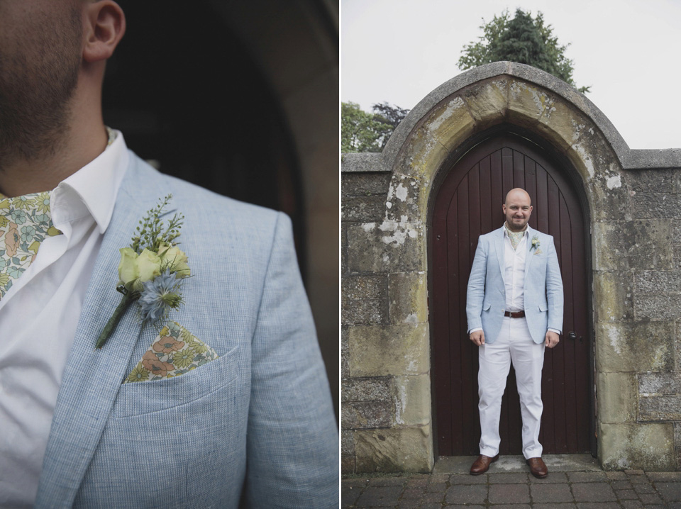 A bride wearing a ballerina length dress and Juliet cap veil for her soft blush pink and liberty print inspired wedding in Scotland.  Photography by Mirrorbox Photography.