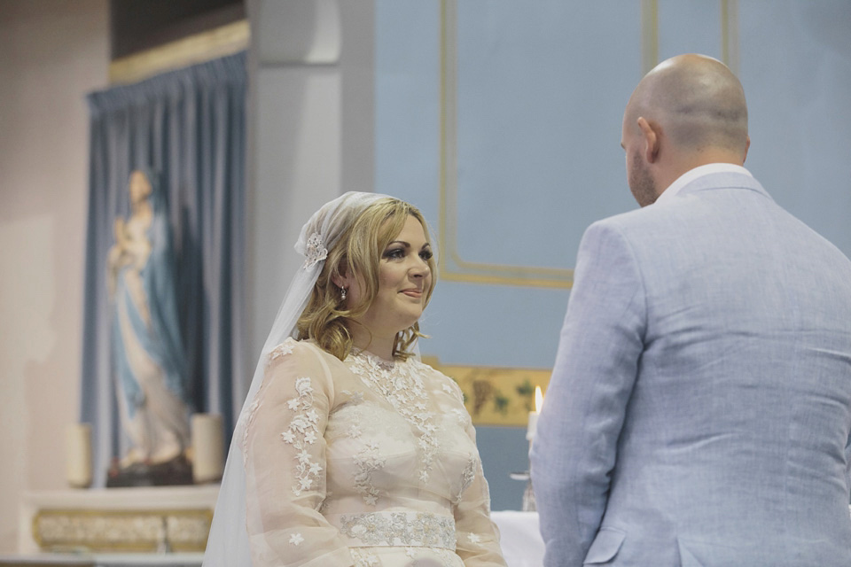 A bride wearing a ballerina length dress and Juliet cap veil for her soft blush pink and liberty print inspired wedding in Scotland.  Photography by Mirrorbox Photography.