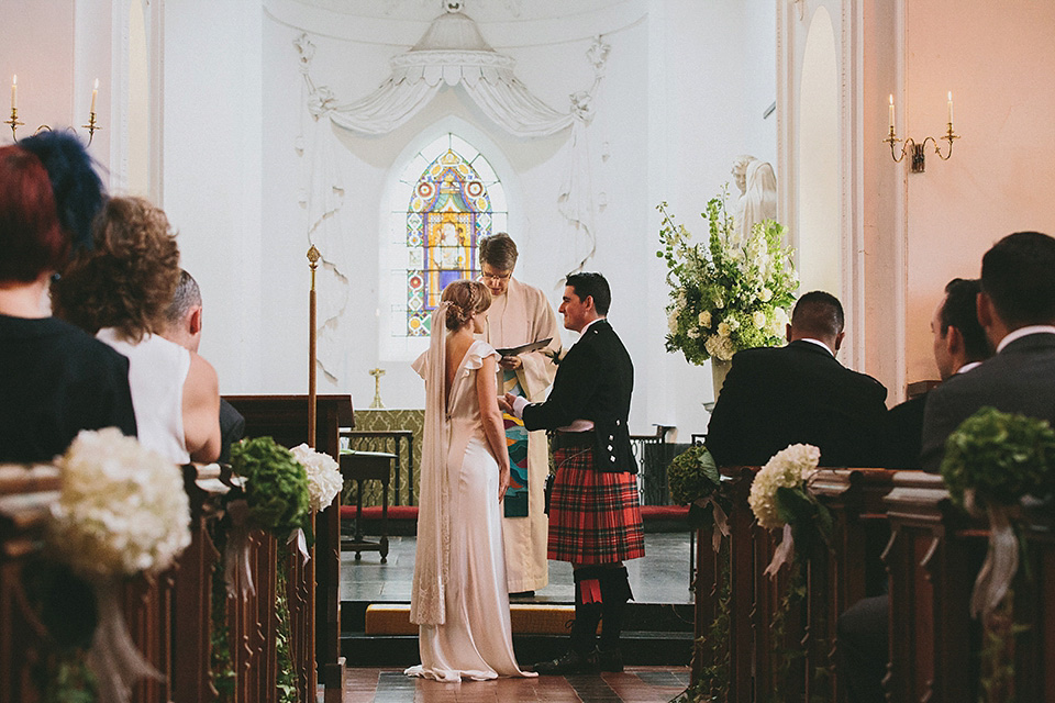 An elegant Halfpenny London dress for an Art Deco and Celtic inspired wedding.  Photography by McKinley Rodgers.