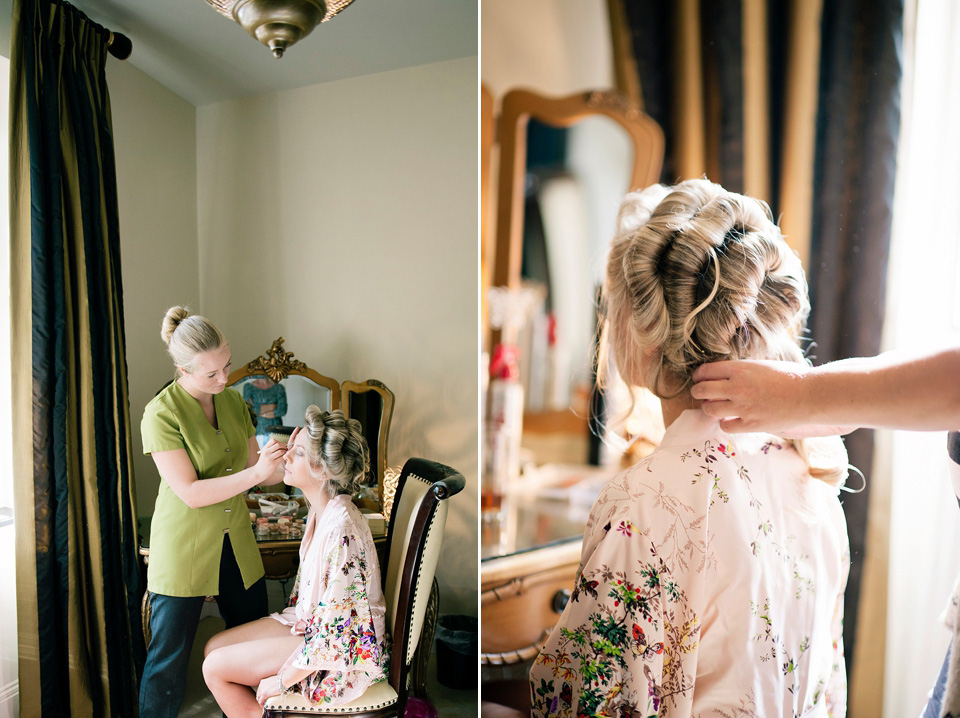 The bride wears a Bo & Luca headpiece and pretty Pronovias gown for her Summer country house wedding at Woodhall Manor in Suffolk. Photography by Kathryn Hopkins.