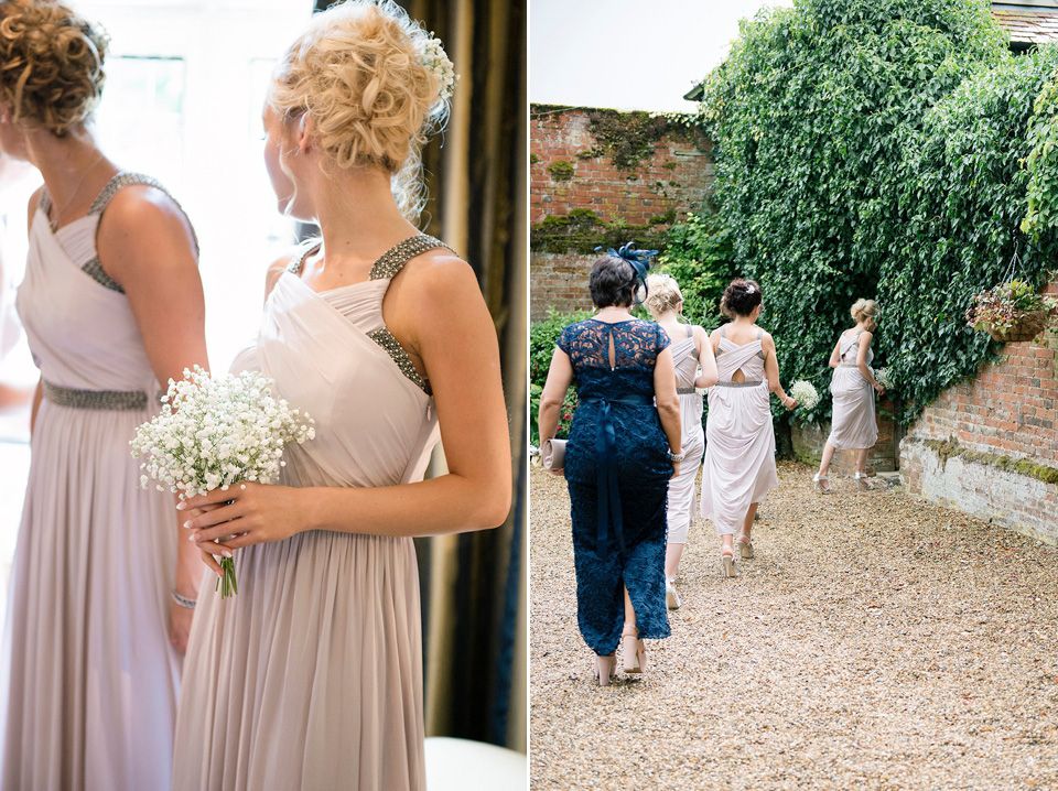 The bride wears a Bo & Luca headpiece and pretty Pronovias gown for her Summer country house wedding at Woodhall Manor in Suffolk. Photography by Kathryn Hopkins.