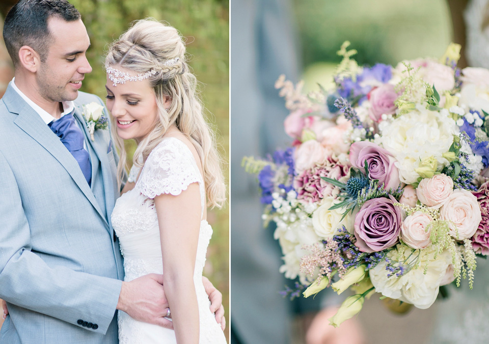 The bride wears a Bo & Luca headpiece and pretty Pronovias gown for her Summer country house wedding at Woodhall Manor in Suffolk. Photography by Kathryn Hopkins.