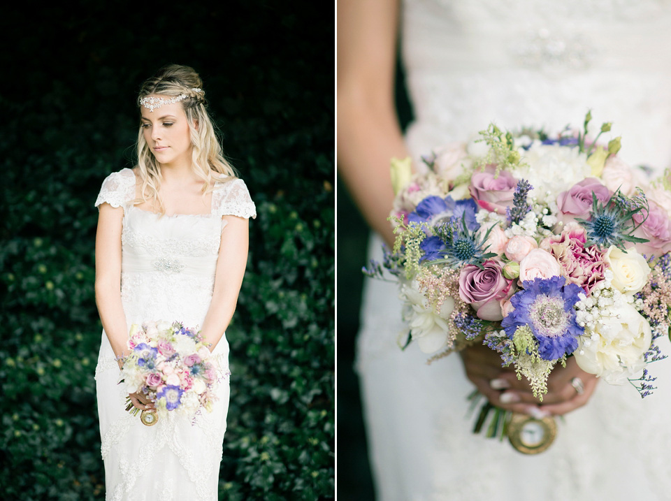 The bride wears a Bo & Luca headpiece and pretty Pronovias gown for her Summer country house wedding at Woodhall Manor in Suffolk. Photography by Kathryn Hopkins.