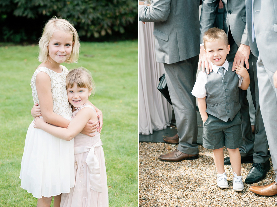 The bride wears a Bo & Luca headpiece and pretty Pronovias gown for her Summer country house wedding at Woodhall Manor in Suffolk. Photography by Kathryn Hopkins.