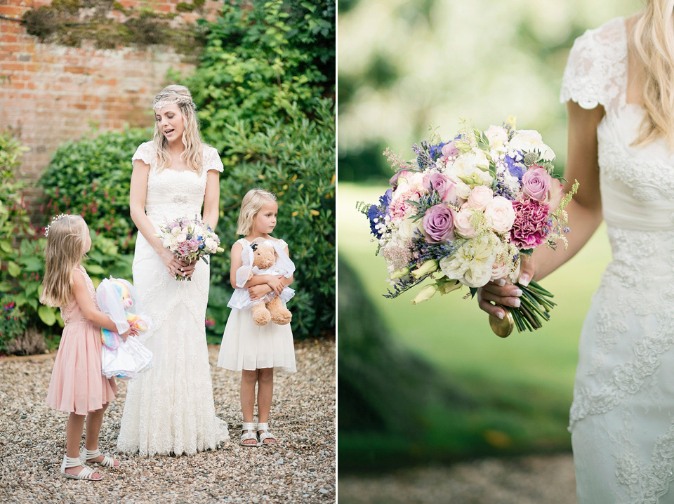 The bride wears a Bo & Luca headpiece and pretty Pronovias gown for her Summer country house wedding at Woodhall Manor in Suffolk. Photography by Kathryn Hopkins.